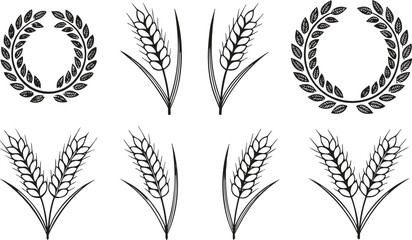 Fototapeta premium Wheat ears and laurel wreaths black and white graphic elements