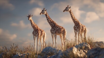 Three giraffes stand on rocks in a savanna landscape under a blue sky with clouds.
