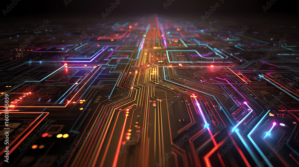 Poster a vibrant array of illuminated circuit board pathways showcasing advanced technology and digital inn
