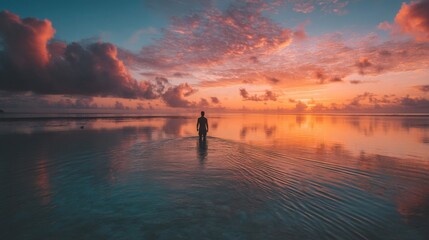 Silhouette of a Person in Calm Ocean at Sunset