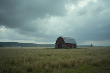 Lonely Red Barn Under Stormy Sky