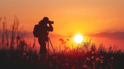 A silhouette of a photographer capturing a sunset with a camera on a tripod, surrounded by tall grass and flowers.
