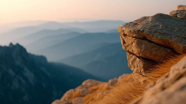 Close up on rocky mountain peak at sunrise with misty blue layers of distant mountains