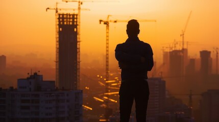A man standing on a rooftop overlooking a city skyline at sunset, with cranes and buildings in the background.