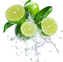 Fresh limes and water splash with green leaves against a transparent background