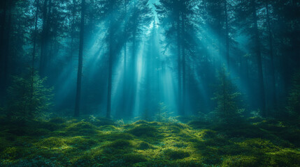 Depict a misty pine forest with tall trees and sunlight filtering through fog