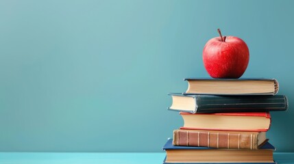 A red apple on top of a stack of books against a blue background.