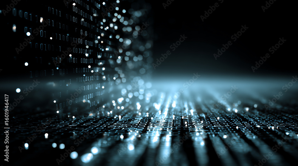 Poster abstract digital background featuring light particles in motion, creating a sense of depth and innov