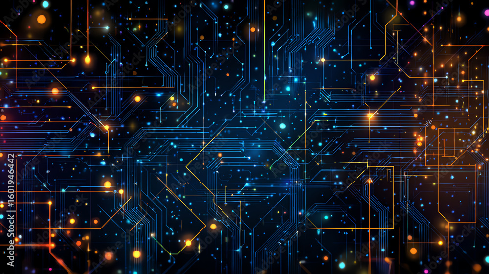 Poster abstract digital circuitry background with glowing elements representing technology and innovation.