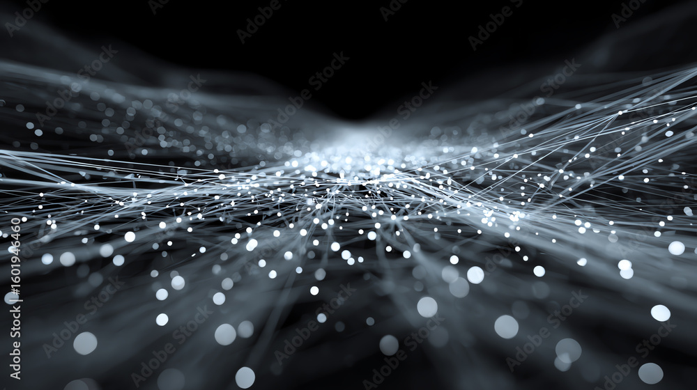 Poster abstract digital landscape with flowing lines and glowing particles on a dark background, representi
