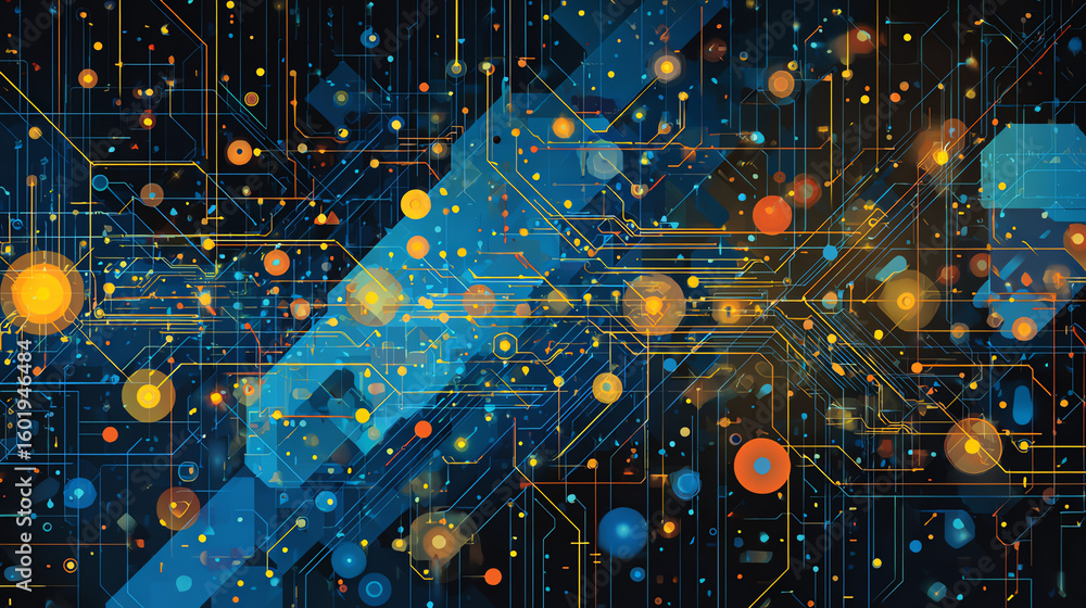 Aufkleber abstract digital landscape showcasing vibrant nodes and connections, symbolizing data flow and techn