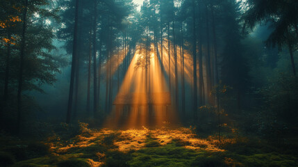 Obraz premium Create a foggy woodland scene with towering pines and glowing light rays