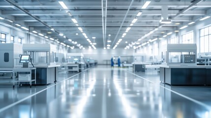 A clean, modern industrial manufacturing facility with bright lights and reflective surfaces.