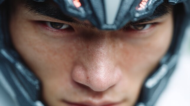 Close up macro portrait of a young Asian man wearing a protective helmet with a determined gaze