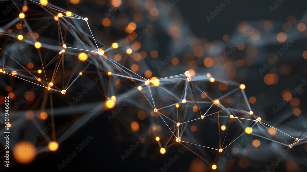 Poster abstract network connections with glowing nodes, representing data flow and communication in digital