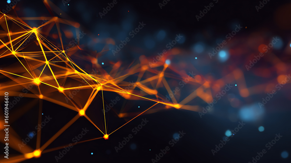 Poster abstract illustration of interconnected nodes and vibrant lines, representing digital networks and m