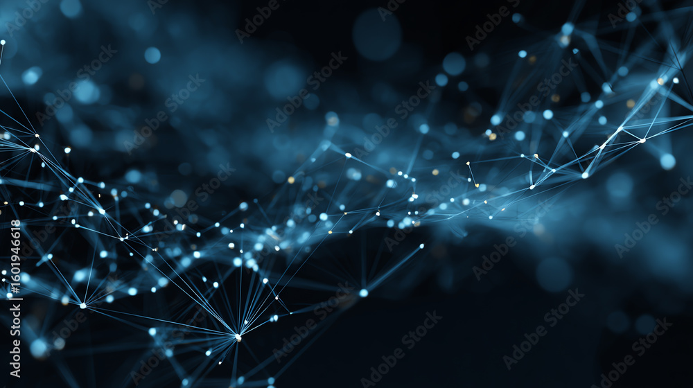 Poster abstract network of blue glowing lines and dots representing data flow and connectivity in a digital
