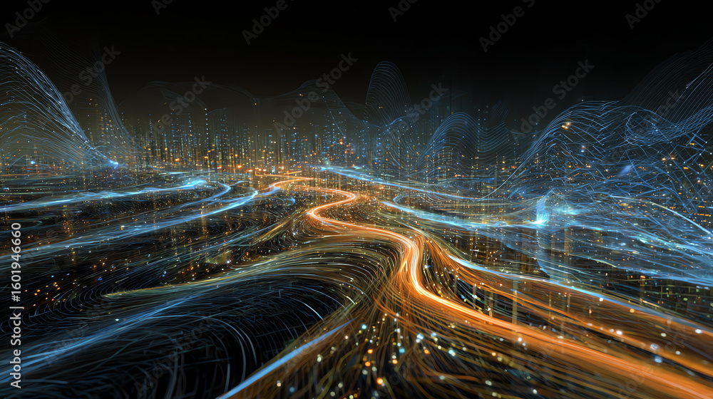 Poster abstract representation of data flow with glowing lines and particles, illustrating connectivity and