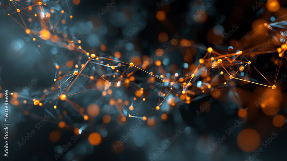 Poster abstract representation of data connections in a digital landscape with glowing nodes and vibrant co