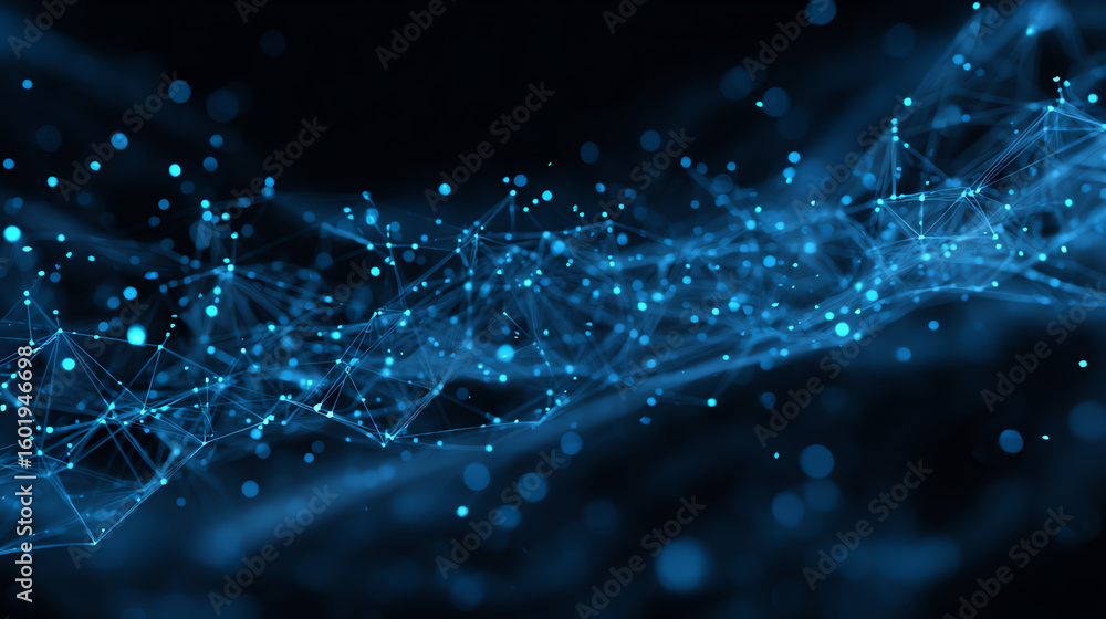 Poster abstract representation of digital technology with glowing blue particles and connections creating a