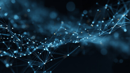 Fototapeta premium Abstract network of blue glowing lines and dots representing data flow and connectivity in a digital landscape.