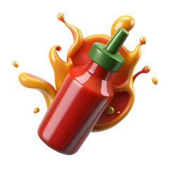 Red hot sauce bottle with fiery orange splash and droplets