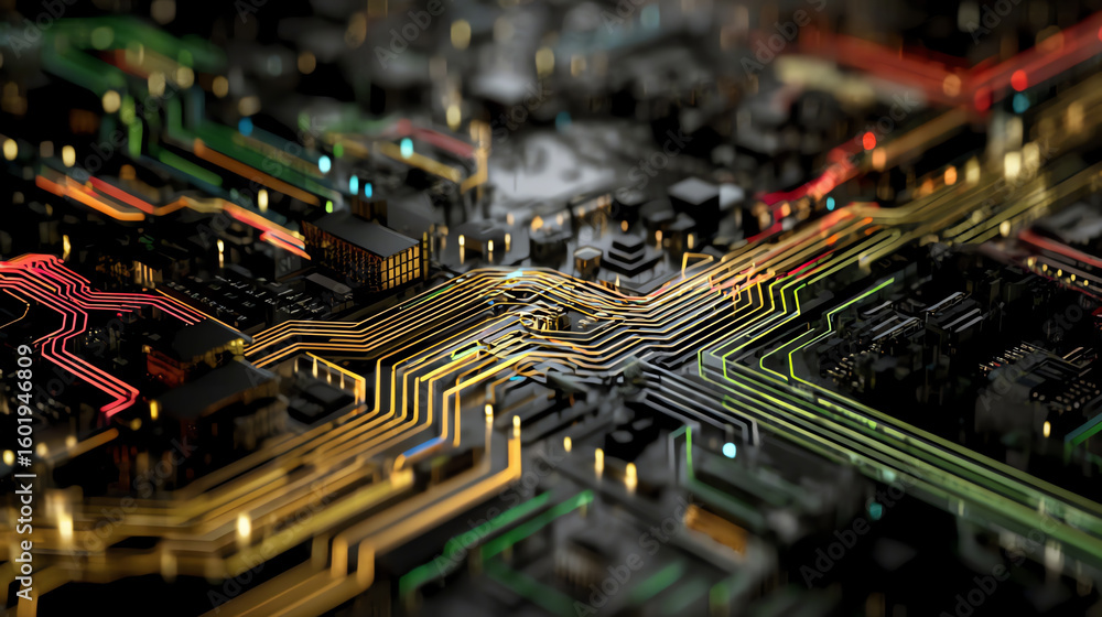 Poster aerial view of a complex circuit board with vibrant paths, showcasing the intricacies of modern tech