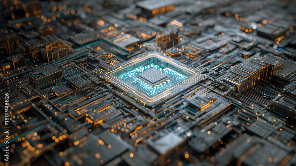Poster aerial view of a detailed microchip on a circuit board showcasing intricate design and modern techno