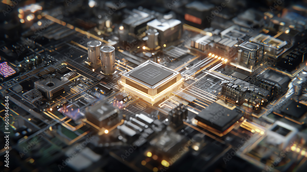Poster aerial view of a futuristic cityscape illuminated at night, showcasing intricate architecture and mo