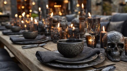Fototapeta premium Dark Elegant Halloween Table Setting with Skull Decor
