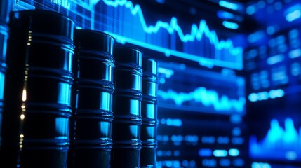 Rows of black oil barrels in front of fluctuating stock market charts display energy trading and market volatility.