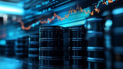 Black oil barrels in front of digital stock market charts indicating fluctuating prices and market trends in the energy sector.