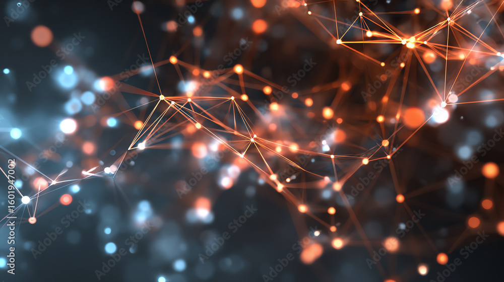 Poster an abstract representation of interconnected nodes and networks, showcasing the power of technology 