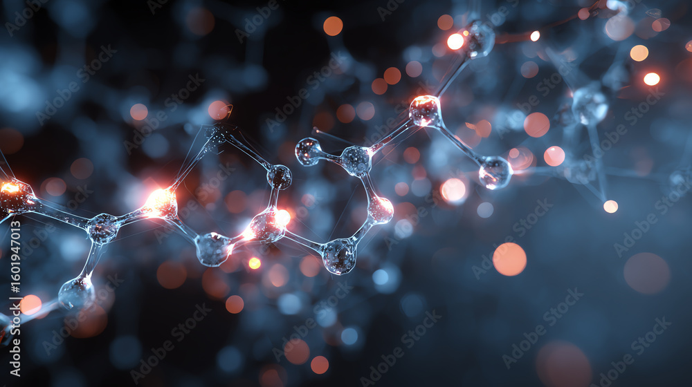 Poster an abstract representation of molecular structures, showcasing interconnected atoms with a blend of 