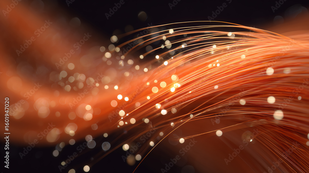 Poster an abstract representation of flowing lines with glowing particles, creating a sense of motion and d