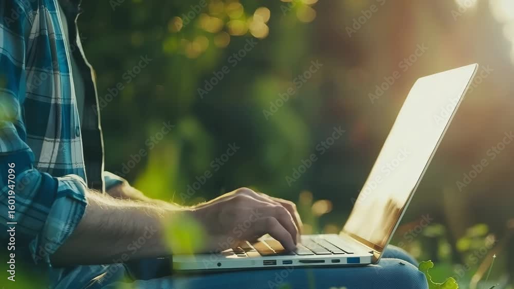 Fototapete Close-up of a modern farmer working on a laptop computer with a blurred rural background. Copy space available for adding text or graphics. Concept of technology in agriculture.