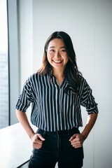 Portrait of smiling asian woman in striped shirt, professional headshot, business attire