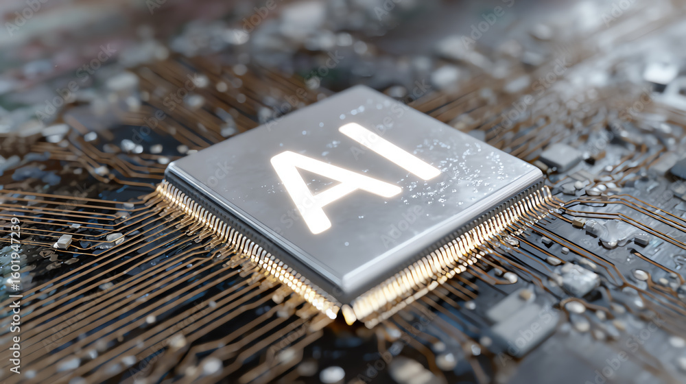 Aufkleber close-up of a modern ai microchip on a circuit board, showcasing advanced technology and innovation 