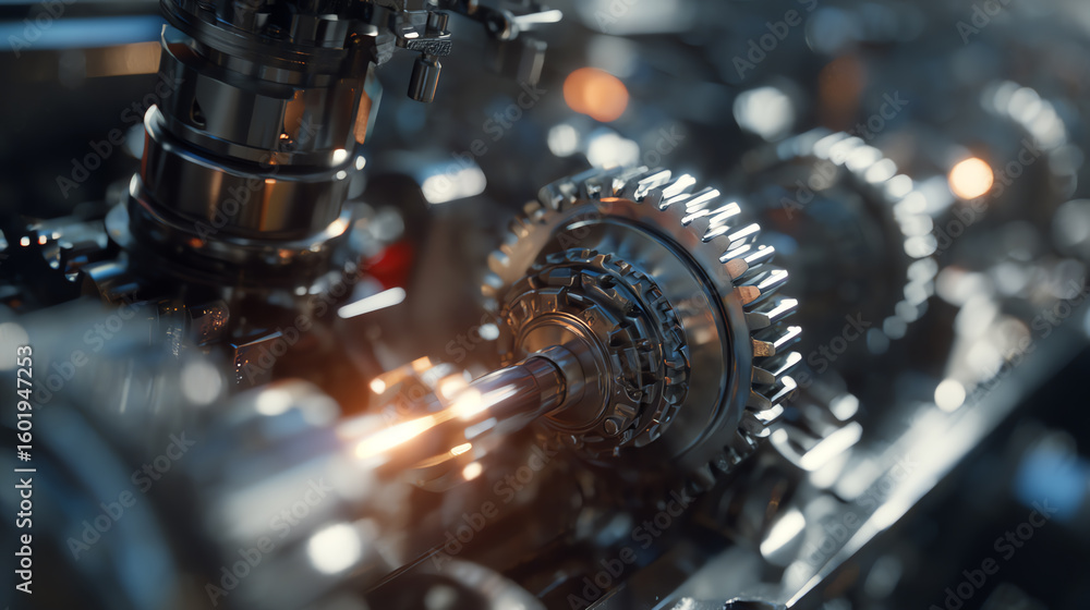 Poster close-up shot of intricate mechanical gears, showcasing precision engineering and machinery in a mod