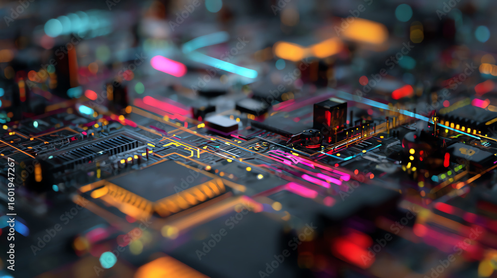 Poster close-up view of a colorful circuit board highlighting advanced technology and intricate designs.