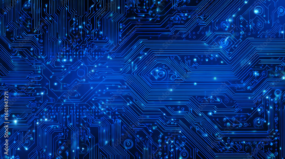 Poster close-up view of a blue circuit board, highlighting intricate patterns and glowing elements, symboli