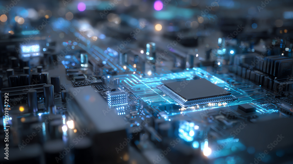 Poster close-up view of a modern computer chip and circuit board, showcasing intricate details and electron