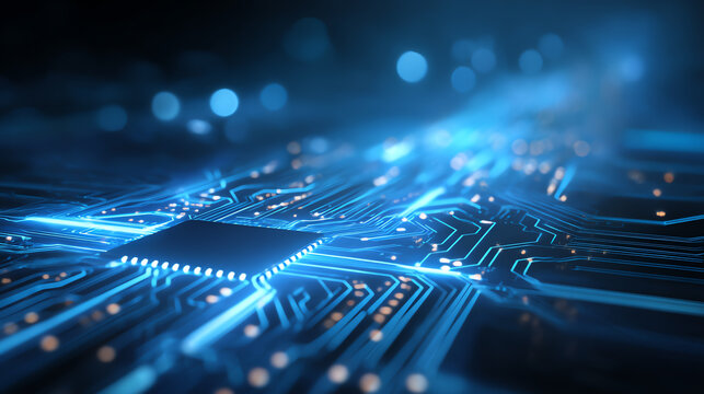 Close-up of a futuristic circuit board showcasing intricate details and glowing lines, symbolizing advanced technology and digital innovation.