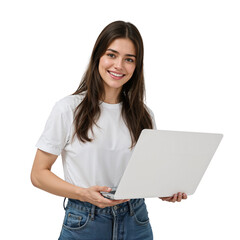 Happy young woman smiling while holding an open laptop, engaged in online learning on an isolated transparent background.