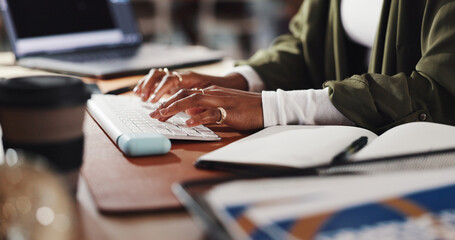 Hands, woman and typing on keyboard in office of website update, agenda and ui design. Female...