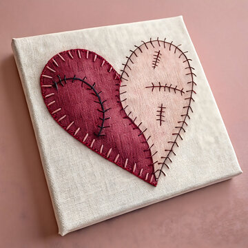 Naklejki Stitched fabric heart placed on canvas representing handmade love and rustic artistic emotion