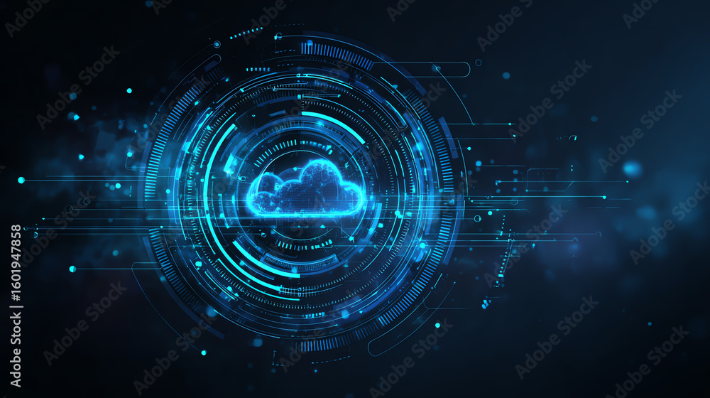Poster futuristic cloud computing concept showcasing digital connections and data flow in a vibrant blue co