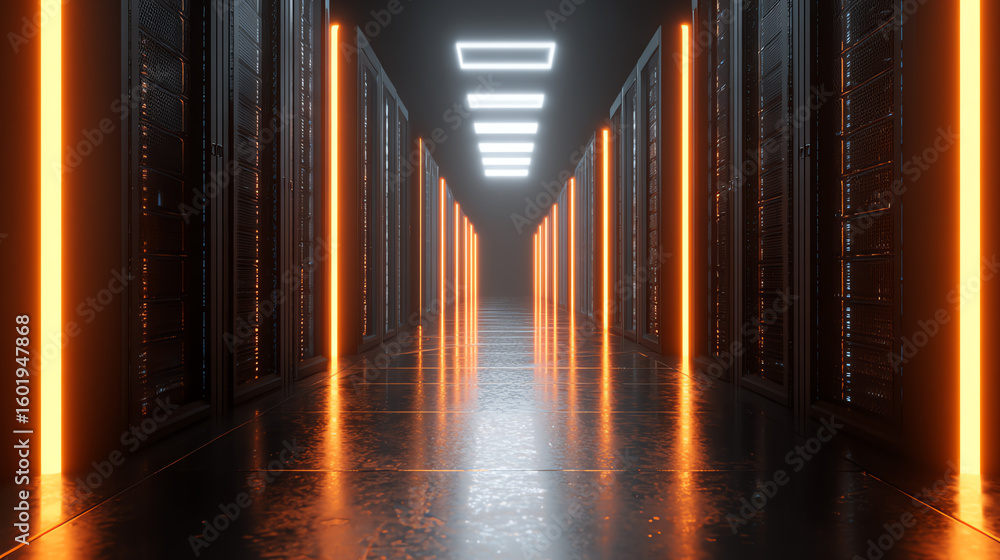 Poster futuristic data center corridor with illuminated racks, showcasing advanced technology and digital i