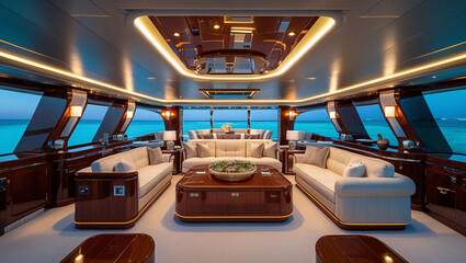 Luxury yacht interior design living room furniture ocean view modern lighting travel vacation cruise ship