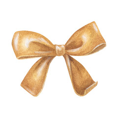 Golden shiny bow clipart. Watercolor illustration of a holiday decor. Hand drawn vintage sketch on white isolated background. Water color painting art image